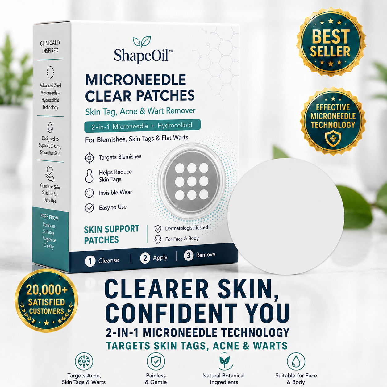 ✨ShapeOil®2-in-1 Microneedle & Hydrocolloid Patch🍀| Removes Raised Moles, Acne, Flat Warts & Skin Tags | Helps Improve Wrinkles, Scars & Blemishes | Invisible Patches for Face & Body